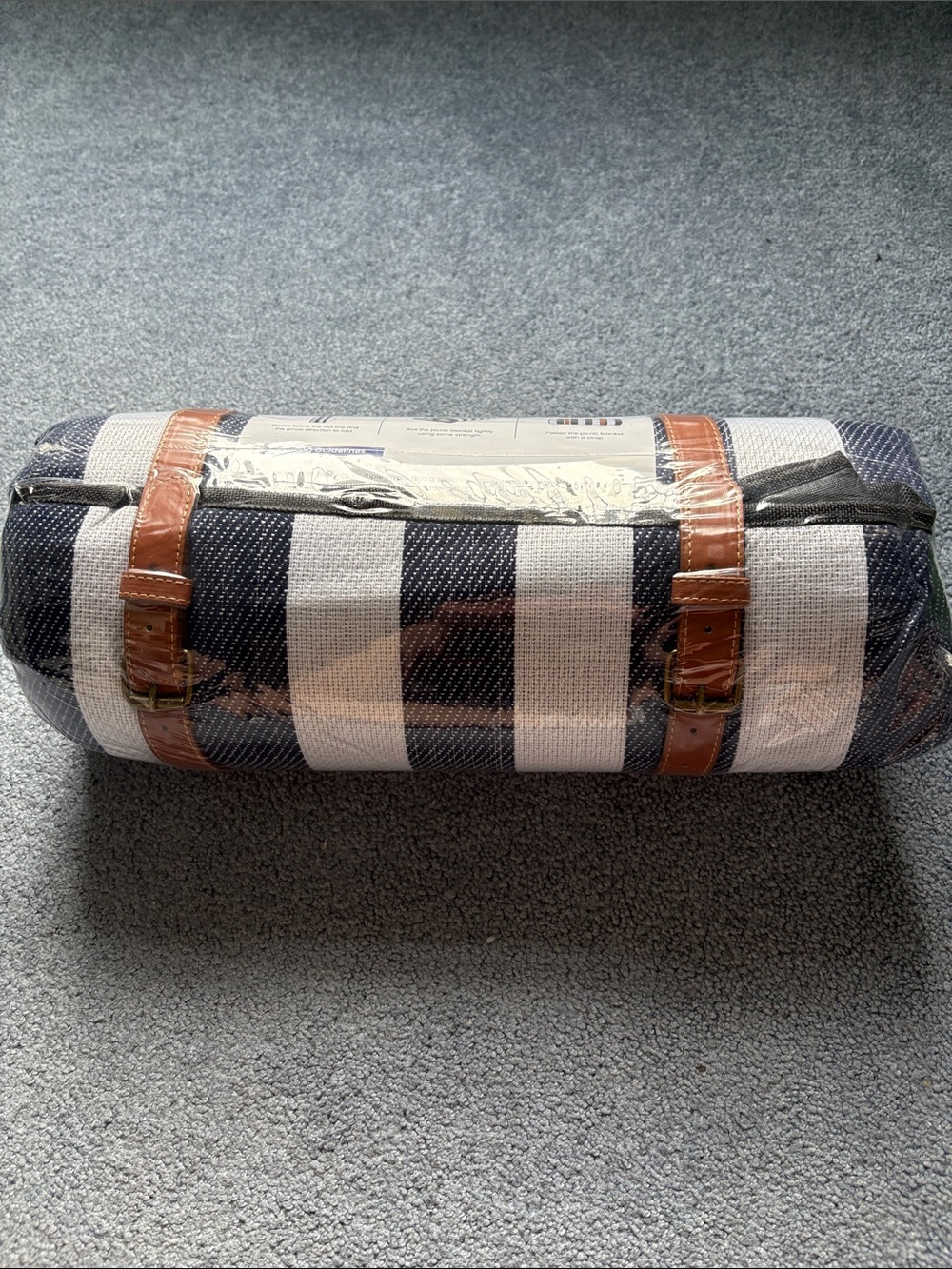 Striped Blue and White Beach Towel with Brown Trim